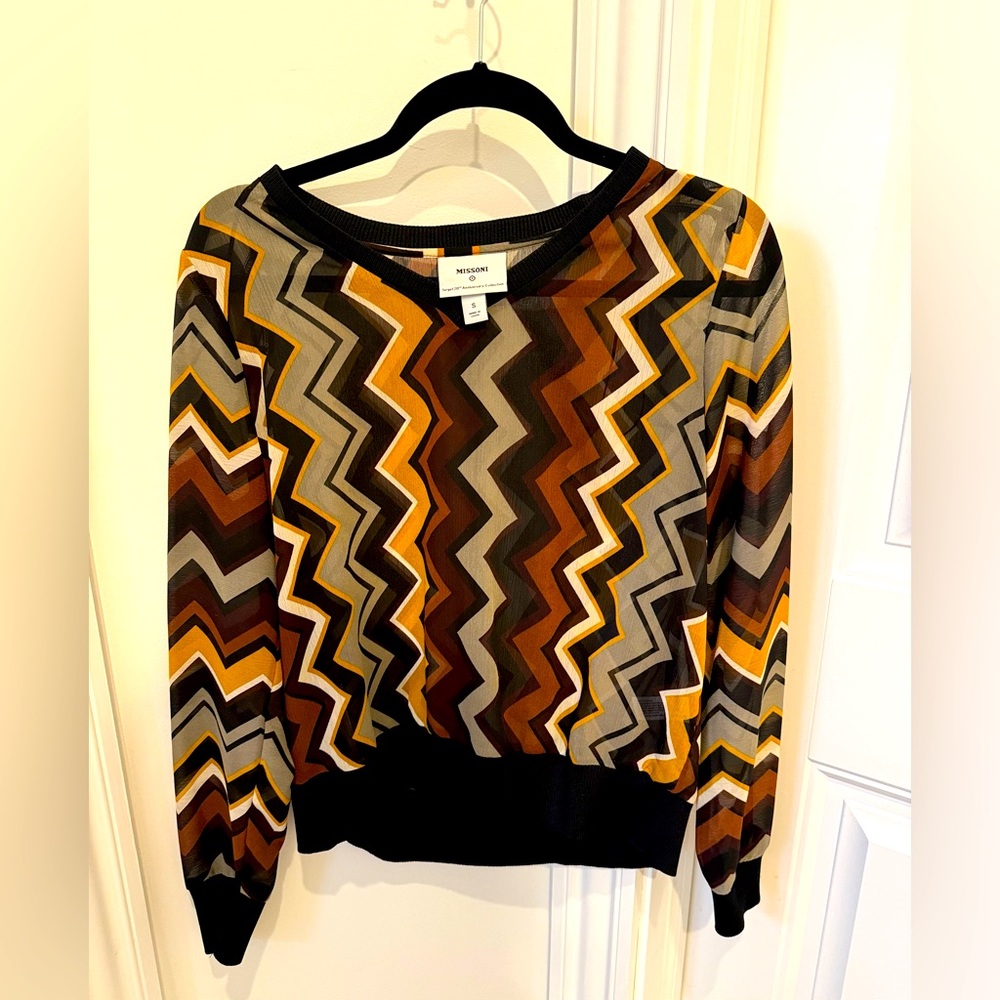 Missoni for Target Sheer Top Zig Zag Chevron Brown Tan Long Sleeve Size S